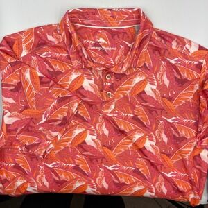 Tommy Bahama Mens Large Tropical Leaf Print Short Sleeve Polo Shirt Coral Orange